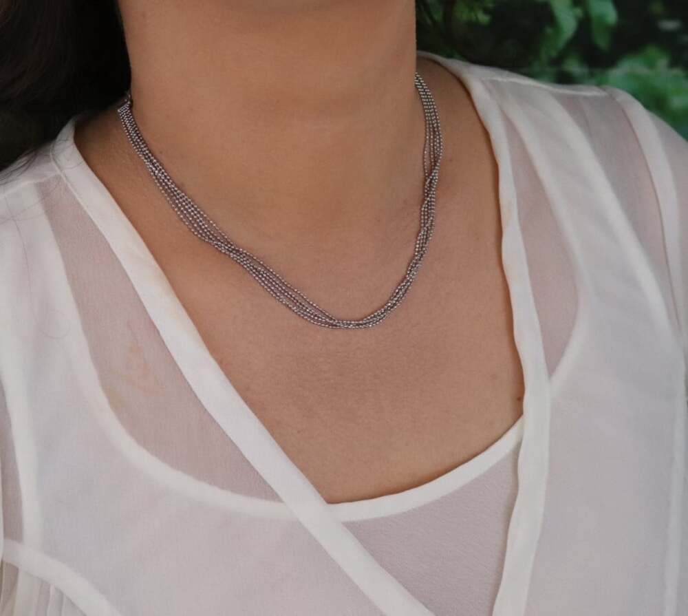Sterling Silver Shiny Beaded Three Chain Necklace Choker 13" to 16" Adjustable - Picture 4 of 9